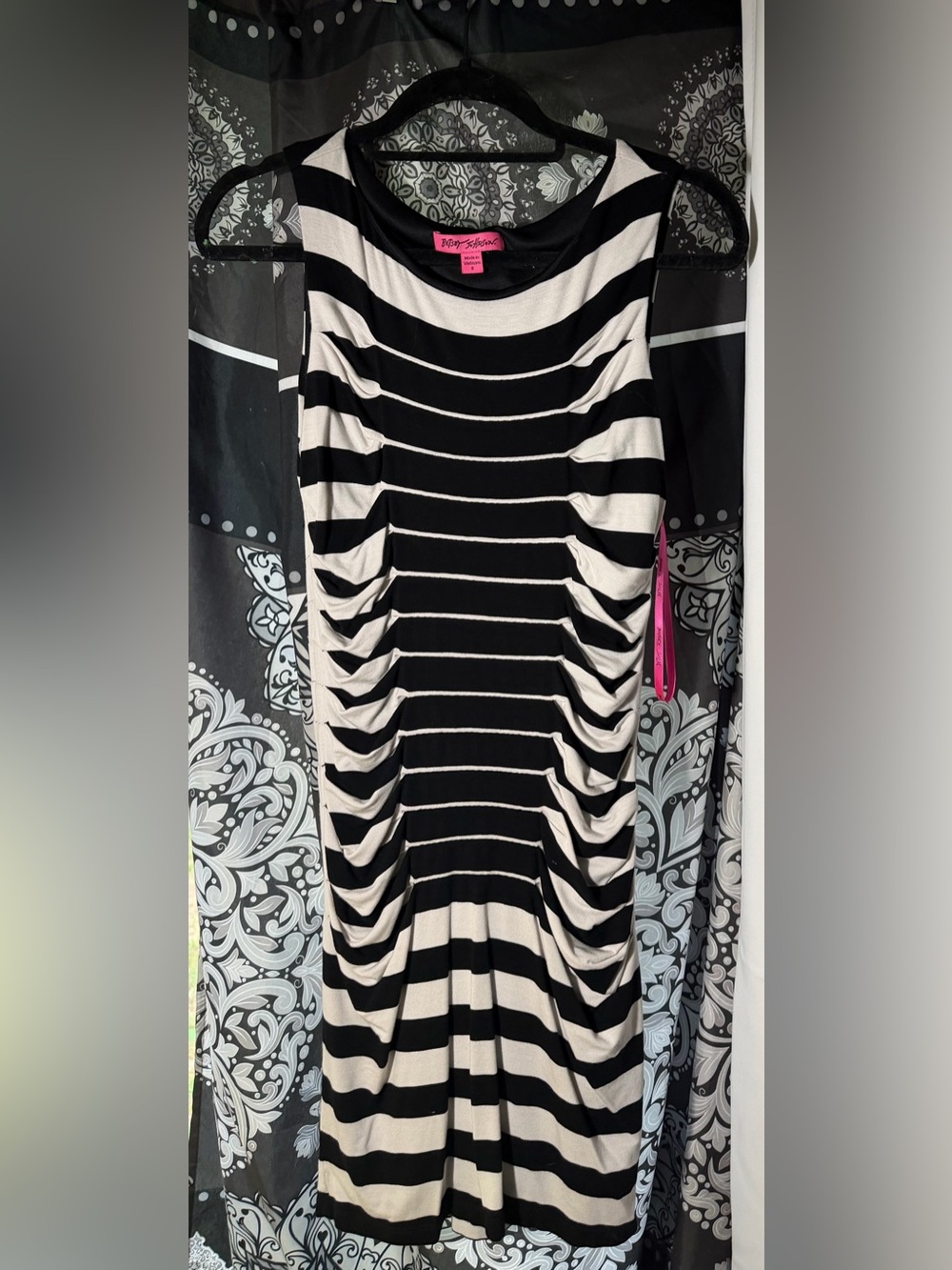 Betsey Johnson Black and White Striped Ruched Midi Dress